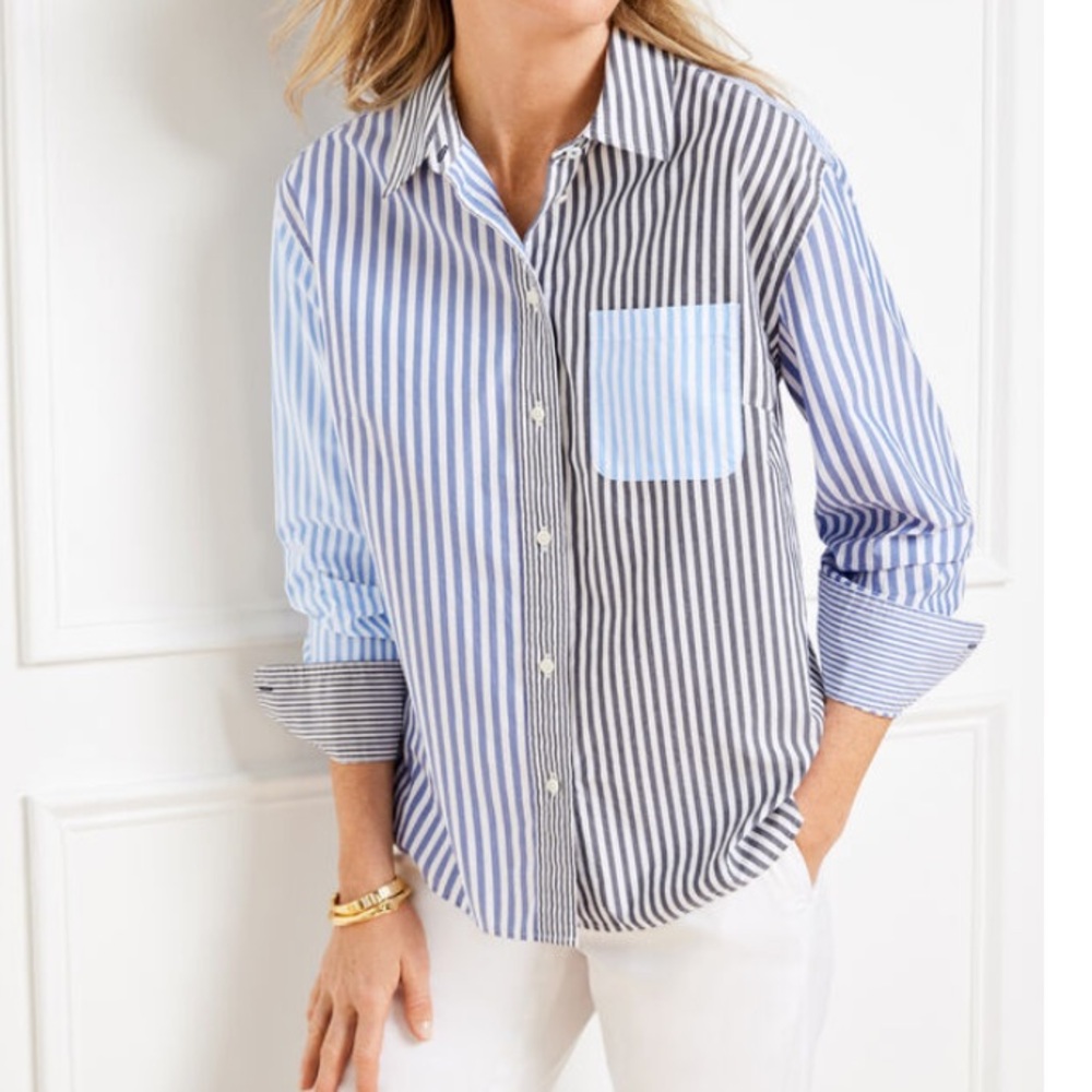 Talbots Boyfriend Shirt - Blue & Gray Poplin Button Down - Mixed Stripe L - Picture 12 of 12